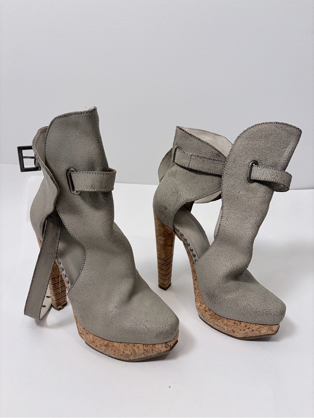 Hervé Léger Taupe Leather Cutout Cork Platform Booties – EU 37 / US 7